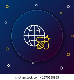 White and yellow line Honeycomb map of the world and bee icon isolated on dark blue background. World bee day. Concept ecological event. Colorful outline concept. Vector Illustration