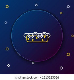 White and yellow line Hotdog sandwich with mustard icon isolated on dark blue background. Sausage icon. Street fast food menu. Colorful outline concept. Vector Illustration