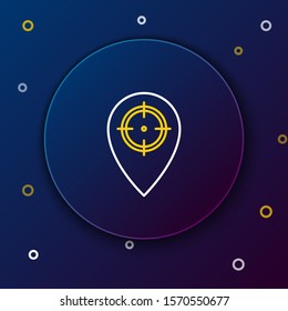 White and yellow line Hunt place icon isolated on dark blue background. Navigation, pointer, location, map, gps, direction, place, compass, contact, search. Colorful outline concept. Vector