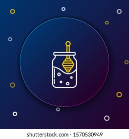 White and yellow line Jar of honey and honey dipper stick icon isolated on dark blue background. Food bank. Sweet natural food symbol. Honey ladle. Colorful outline concept. Vector Illustration