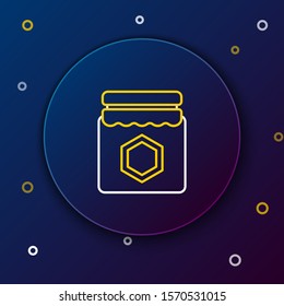 White and yellow line Jar of honey icon isolated on dark blue background. Food bank. Sweet natural food symbol. Colorful outline concept. Vector Illustration