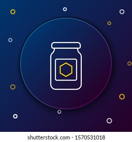 White and yellow line Jar of honey icon isolated on dark blue background. Food bank. Sweet natural food symbol. Colorful outline concept. Vector Illustration
