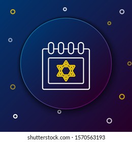 White and yellow line Jewish calendar with star of david icon isolated on dark blue background. Hanukkah calendar day. Colorful outline concept. Vector Illustration