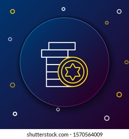 White and yellow line Jewish coin icon isolated on dark blue background. Currency symbol. Colorful outline concept. Vector Illustration