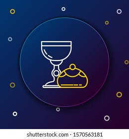 White and yellow line Jewish goblet and hanukkah sufganiyot icon isolated on dark blue background. Jewish sweet bakery. Wine cup for kiddush. Colorful outline concept. Vector Illustration