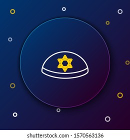 White and yellow line Jewish kippah with star of david icon isolated on dark blue background. Jewish yarmulke hat. Colorful outline concept. Vector Illustration