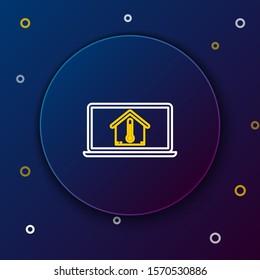 White and yellow line Laptop with house temperature icon isolated on dark blue background. Thermometer icon. Colorful outline concept. Vector Illustration