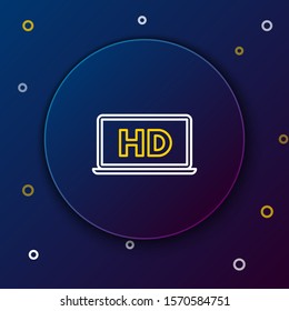 White and yellow line Laptop screen with HD video technology icon isolated on dark blue background. Colorful outline concept. Vector Illustration