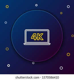 White and yellow line Laptop screen with 4k video technology icon isolated on dark blue background. Colorful outline concept. Vector Illustration