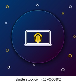 White and yellow line Laptop with smart home icon isolated on dark blue background. Remote control. Colorful outline concept. Vector Illustration