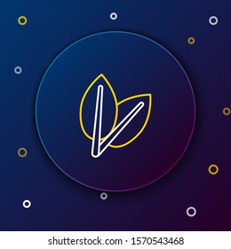 White and yellow line Leafs icon isolated on dark blue background. Fresh natural product symbol. Colorful outline concept. Vector Illustration