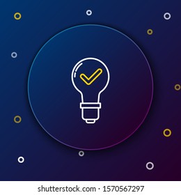 White and yellow line Light bulb and check mark icon isolated on dark blue background. Concept of idea. Colorful outline concept. Vector Illustration