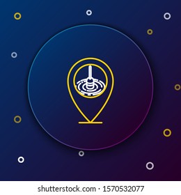 White and yellow line Location fishing icon isolated on dark blue background. Fishing place. Colorful outline concept. Vector Illustration