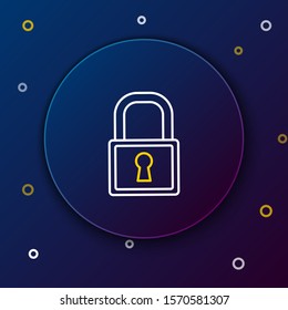 White and yellow line Lock icon isolated on dark blue background. Padlock sign. Security, safety, protection, privacy concept. Colorful outline concept. Vector Illustration