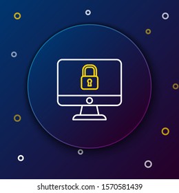 White and yellow line Lock on computer monitor screen icon isolated on dark blue background. Security, safety, protection concept. Safe internetwork. Colorful outline concept. Vector Illustration