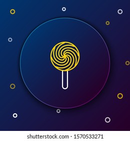 White and yellow line Lollipop icon isolated on dark blue background. Food, delicious symbol. Colorful outline concept. Vector Illustration