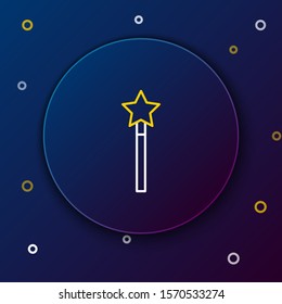 White and yellow line Magic wand icon isolated on dark blue background. Star shape magic accessory. Magical power. Colorful outline concept. Vector Illustration