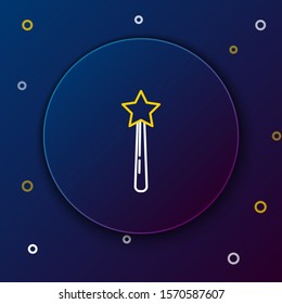 White and yellow line Magic wand icon isolated on dark blue background. Star shape magic accessory. Magical power. Colorful outline concept. Vector Illustration