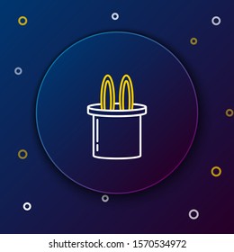 White and yellow line Magician hat and rabbit ears icon isolated on dark blue background. Magic trick. Mystery entertainment concept. Colorful outline concept. Vector Illustration