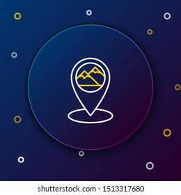 White and yellow line Map pointer with mountain icon isolated on dark blue background. Mountains travel icon. Colorful outline concept. Vector Illustration
