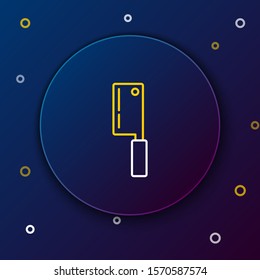 White and yellow line Meat chopper icon isolated on dark blue background. Kitchen knife for meat. Butcher knife. Happy Halloween party. Colorful outline concept. Vector Illustration