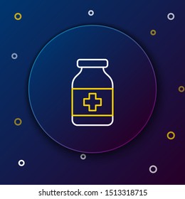 White and yellow line Medicine bottle icon isolated on dark blue background. Bottle pill sign. Pharmacy design. Colorful outline concept. Vector Illustration