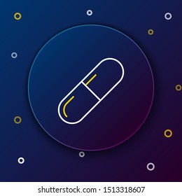 White and yellow line Medicine pill or tablet icon isolated on dark blue background. Capsule pill and drug sign. Pharmacy design. Colorful outline concept. Vector Illustration