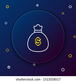 White and yellow line Money bag icon isolated on dark blue background. Dollar or USD symbol. Cash Banking currency sign.  Colorful outline concept. Vector Illustration