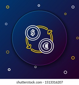 White and yellow line Money exchange icon isolated on dark blue background. Euro and Dollar cash transfer symbol. Banking currency sign. Colorful outline concept. Vector Illustration