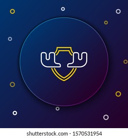 White and yellow line Moose horns on shield icon isolated on dark blue background. Hunting trophy on wall. Colorful outline concept. Vector Illustration