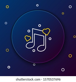 White and yellow line Music note, tone with hearts icon isolated on dark blue background. Colorful outline concept. Vector Illustration