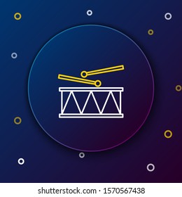White and yellow line Musical instrument drum and drum sticks icon isolated on dark blue background. Colorful outline concept. Vector Illustration