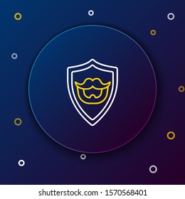 White and yellow line Mustache and beard on shield icon isolated on dark blue background. Barbershop symbol. Facial hair style. Colorful outline concept. Vector Illustration