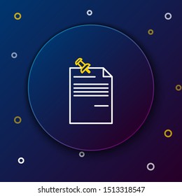 White and yellow line Note paper with pinned pushbutton icon isolated on dark blue background. Memo paper sign. Colorful outline concept. Vector Illustration