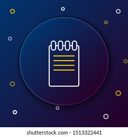 White and yellow line Notebook icon on dark blue background. Spiral notepad icon. School notebook. Writing pad. Diary for business. Notebook cover design. Colorful outline concept. Vector Illustration
