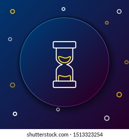 White and yellow line Old hourglass with flowing sand icon isolated on dark blue background. Sand clock sign. Business and time management concept. Colorful outline concept. Vector Illustration