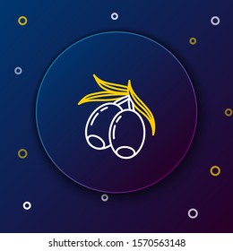 White and yellow line Olives branch icon isolated on dark blue background. Colorful outline concept. Vector Illustration