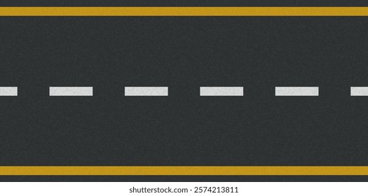 White and yellow line on tarmac road top view. Drive road texture pattern. Background of asphalt surface. Roadway vector illustration