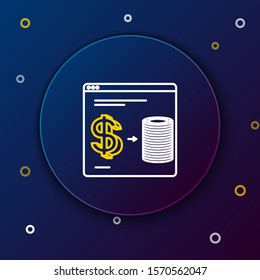 White and yellow line Online casino chips exchange on stacks of dollars icon isolated on dark blue background. Colorful outline concept. Vector Illustration