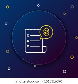White and yellow line Paper check and financial check icon isolated on dark blue background. Paper print check, shop receipt or bill. Colorful outline concept. Vector Illustration White and yellow line Paper check and financial check icon isolated on dark blue background. Paper print check, shop receipt or bill. Colorful outline concept. Vector Illustration