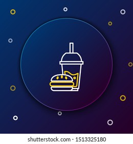 White and yellow line Paper glass with drinking straw and burger icon on dark blue background. Soda aqua drink sign. Hamburger, cheeseburger sandwich. Colorful outline concept. Vector Illustration