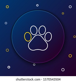 White and yellow line Paw print icon isolated on dark blue background. Dog or cat paw print. Animal track. Colorful outline concept. Vector Illustration