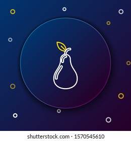 White and yellow line Pear icon isolated on dark blue background. Fruit with leaf symbol. Colorful outline concept. Vector Illustration