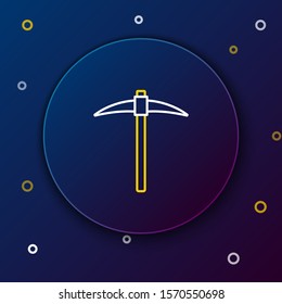 White and yellow line Pickaxe icon isolated on dark blue background. Blockchain technology, cryptocurrency mining, bitcoin, digital money market, cryptocoin wallet. Colorful outline concept. Vector