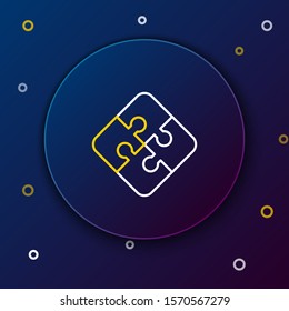 White and yellow line Piece of puzzle icon isolated on dark blue background. Business, marketing, finance, template, layout, infographics, internet concept. Colorful outline concept. Vector