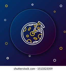 White and yellow line Pizza icon isolated on dark blue background. Fast food menu. Colorful outline concept. Vector Illustration