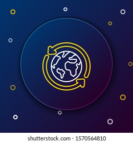White and yellow line Planet earth and a recycling icon isolated on dark blue background. Environmental concept. Colorful outline concept. Vector Illustration