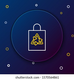 White and yellow line Plastic bag with recycle icon isolated on dark blue background. Bag with recycling symbol. Colorful outline concept. Vector Illustration