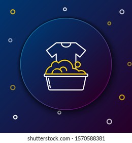 White and yellow line Plastic basin with soap suds icon isolated on dark blue background. Bowl with water. Washing clothes, cleaning equipment. Colorful outline concept. Vector Illustration