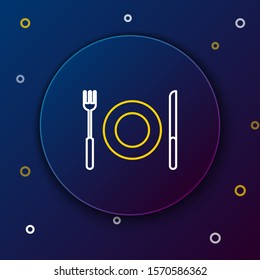 White and yellow line Plate, fork and knife icon isolated on dark blue background. Cutlery symbol. Restaurant sign. Colorful outline concept. Vector Illustration